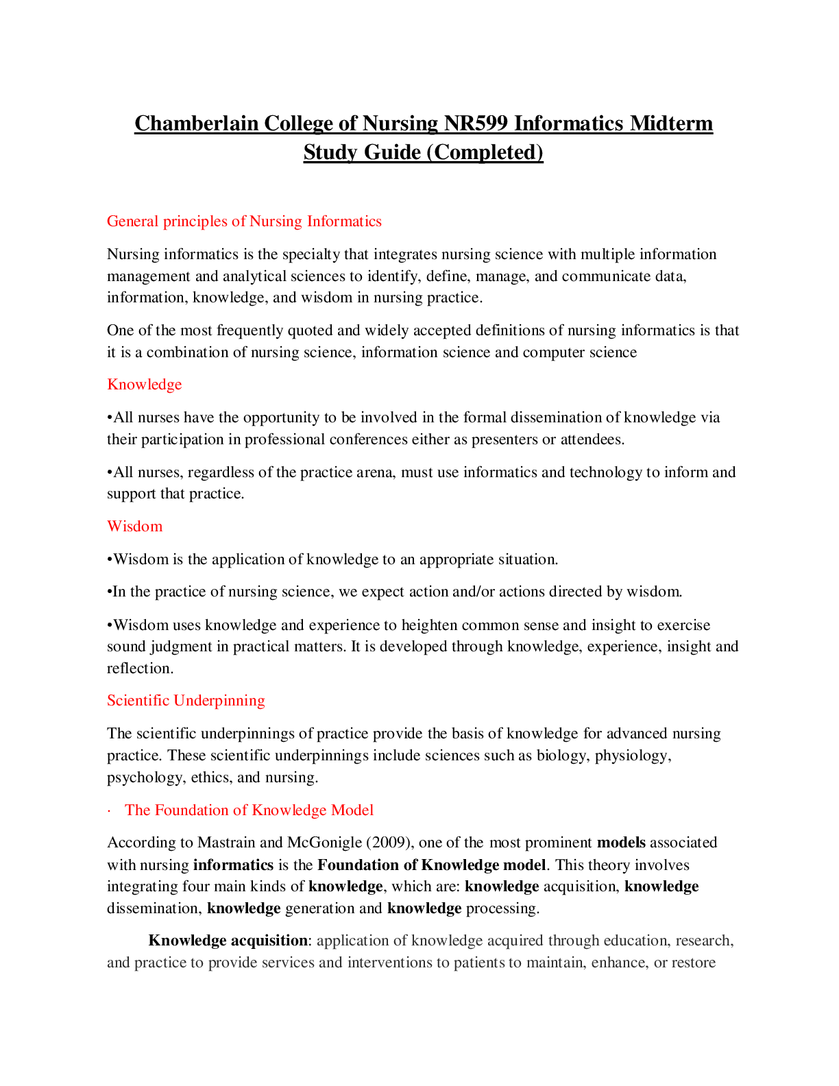 Preview image for Chamberlain College of Nursing NR599 Informatics Midterm  Study Guide (Completed)